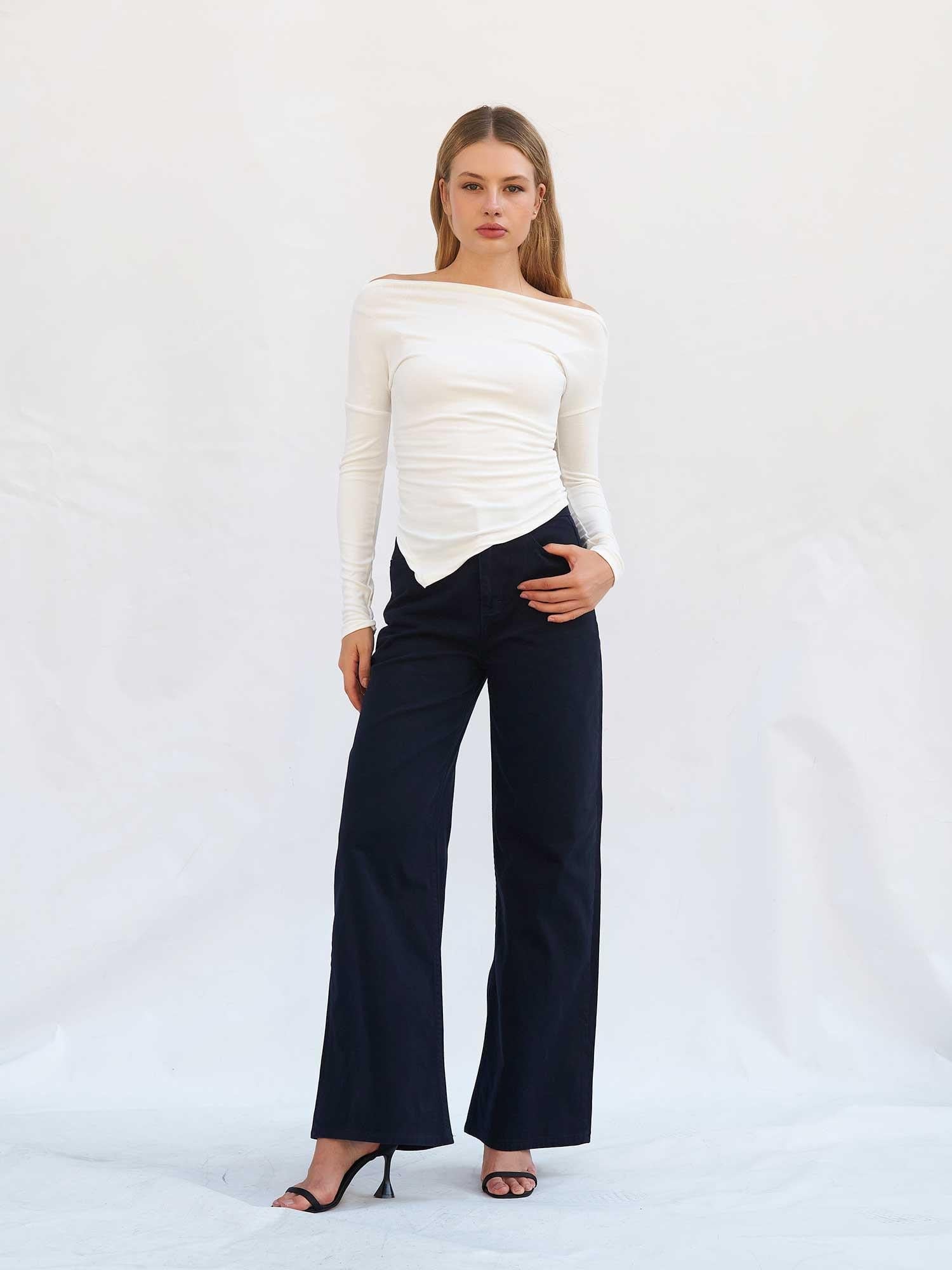 Navy Blue 5-Pocket Palazzo Trousers - Lefon - by Peralane