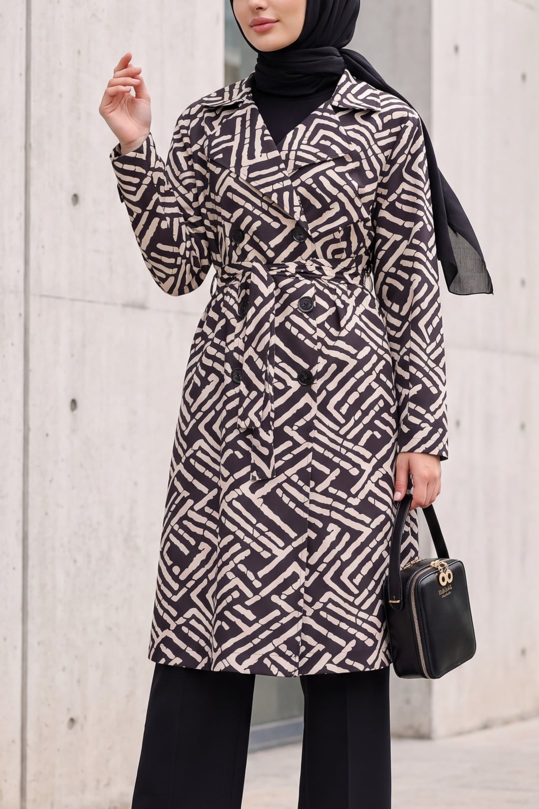 Double-Breasted Trench Coat with Abstract Geometric Print - Black - Wholeskop - by Peralane
