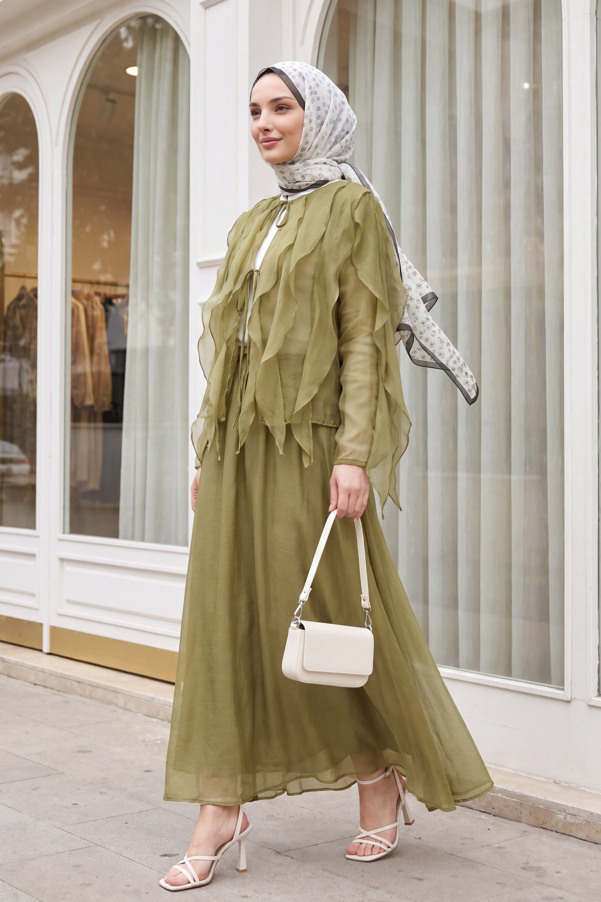 Front Tie Ruffled Lined Asymmetric Cupro Two-Piece Set - Olive Green - Podyumplus - by Peralane - photo 4