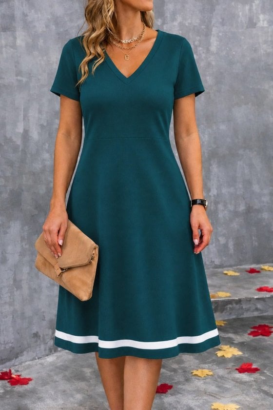 Women's Short-Sleeve V-Neck Midi Dress with Striped Hem - Janes - by Peralane