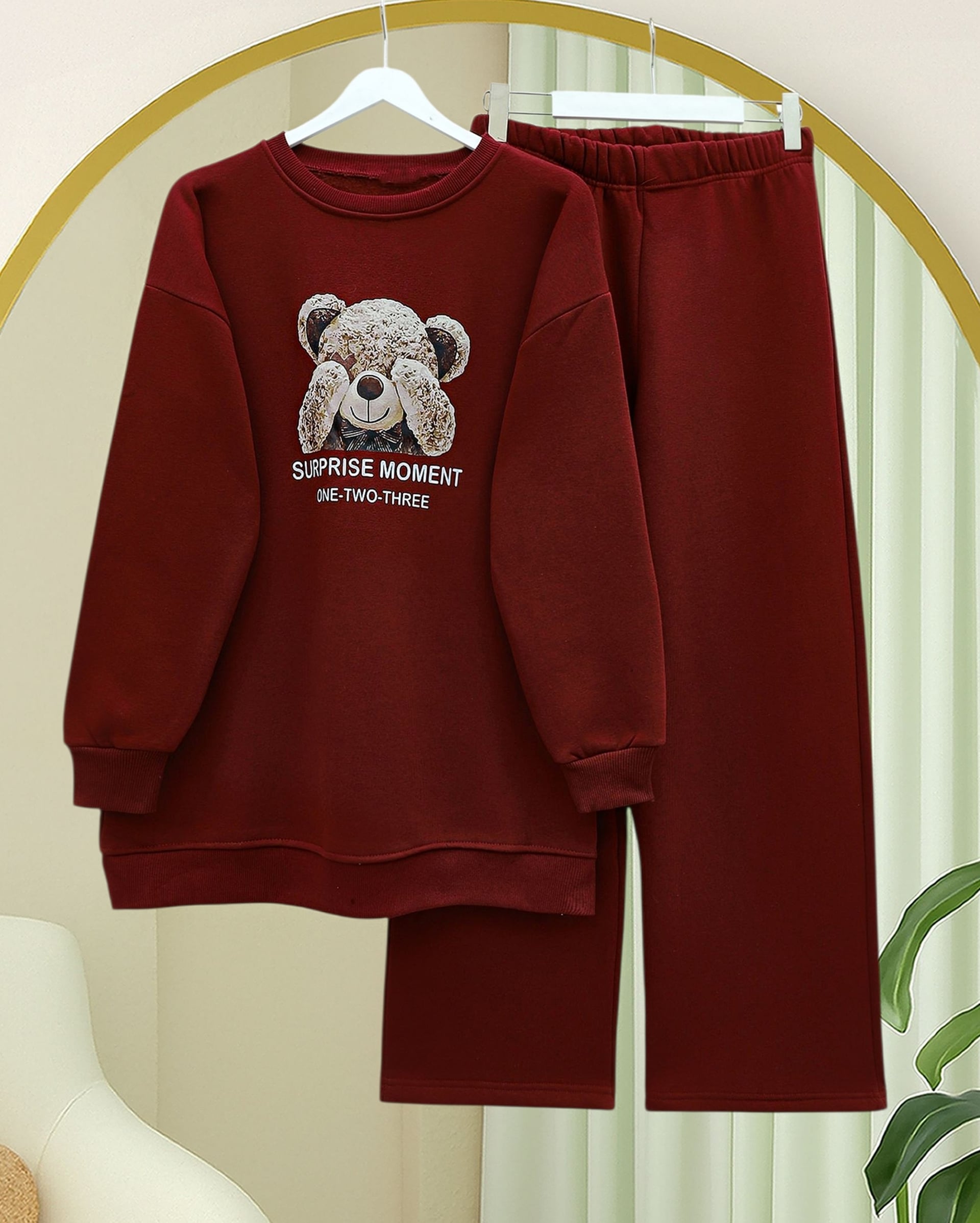 Teddy Bear Print Brushed 3-Thread Sweat Set - Burgundy - Podyumplus - by Peralane - photo 3