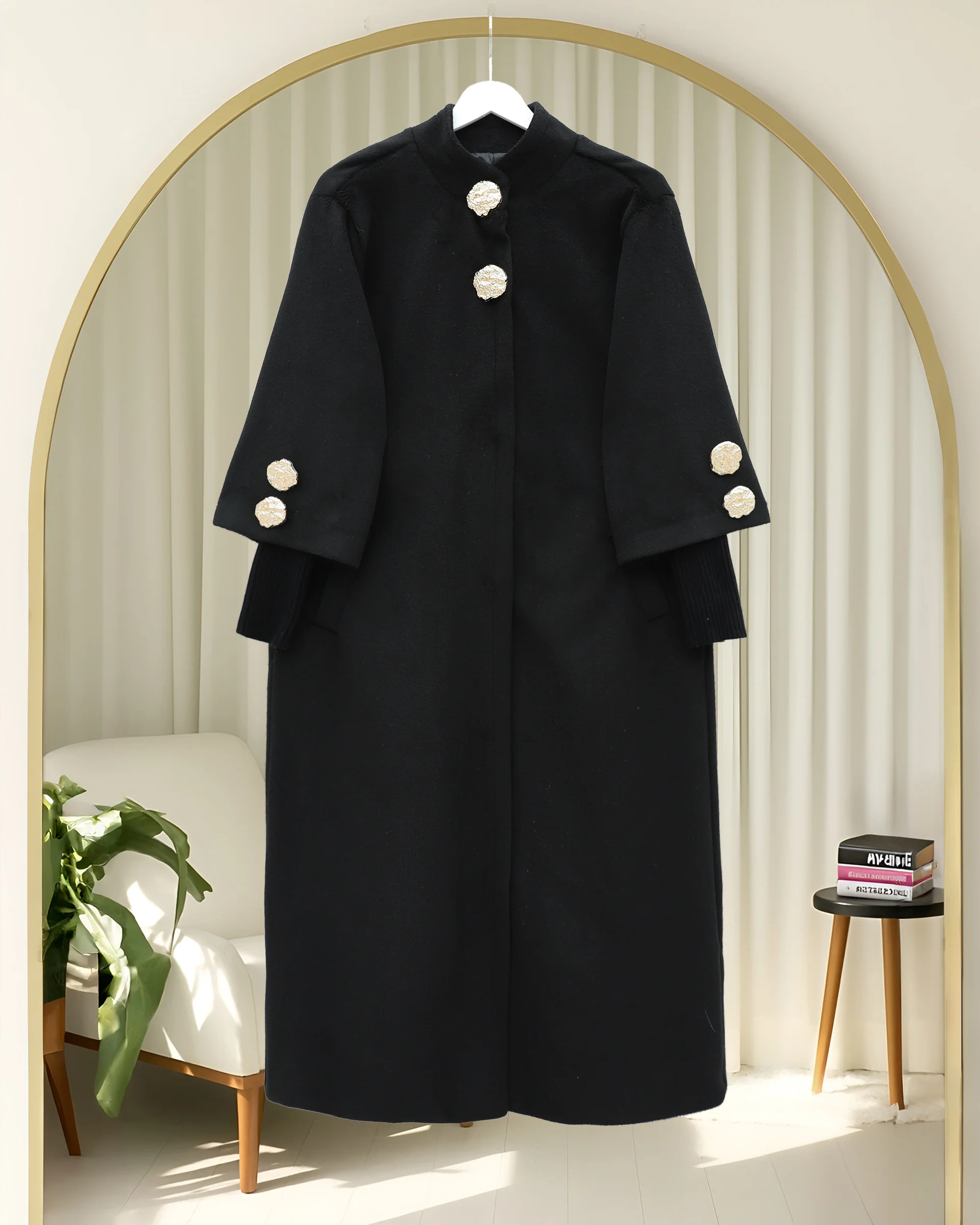 Black Coat with Gold Brooch Detail and Hidden Snap Buttons - Podyumplus - by Peralane