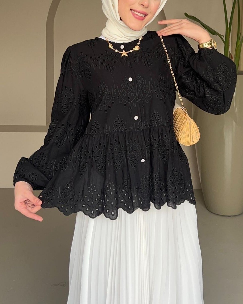 Black Eyelet Blouse with Puff Sleeves and Peplum Hem - Podyumplus - by Peralane - photo 4