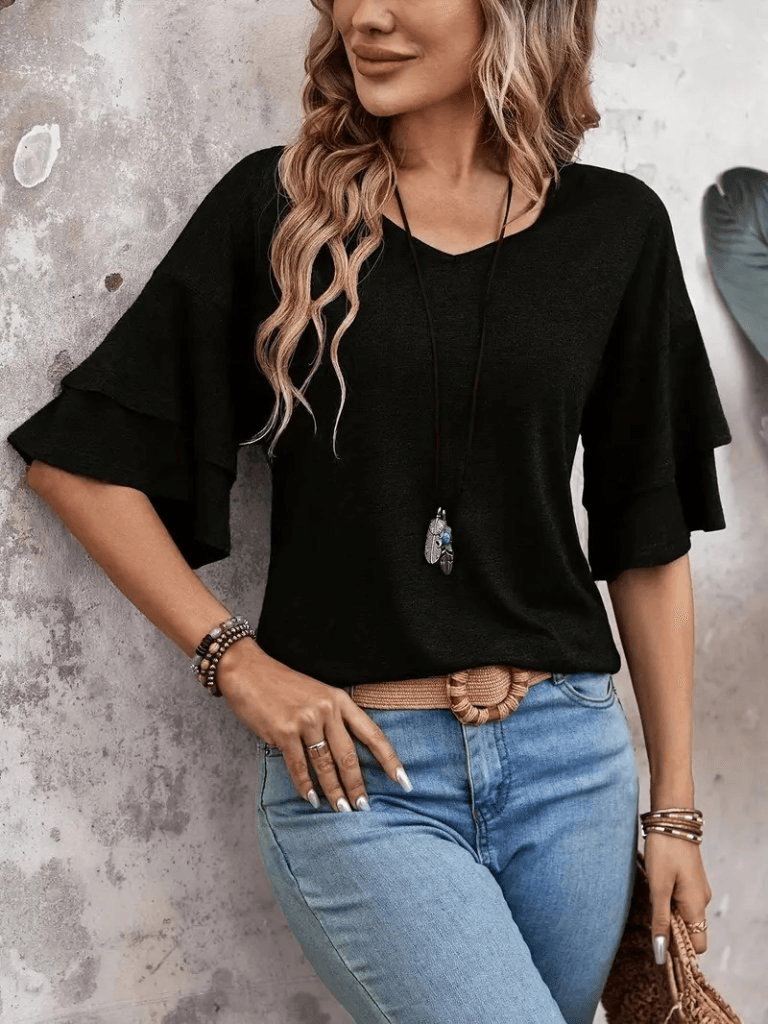 Women's Black V-Neck Short-Sleeve Flutter Sleeve T-Shirt - Janes - by Peralane
