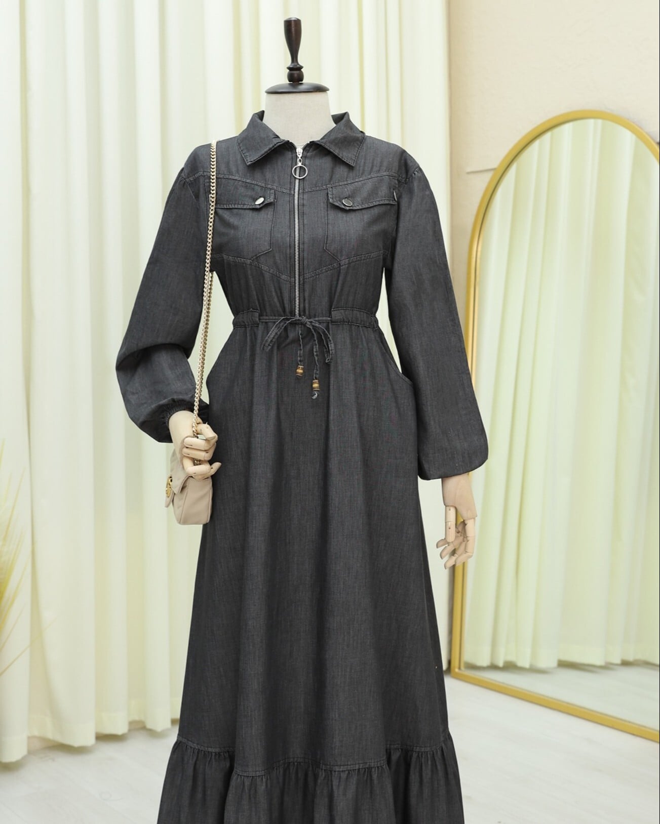 Tunnel Lace Half Zip Pocket Denim Dress - Anthracite - Podyumplus - by Peralane - photo 6