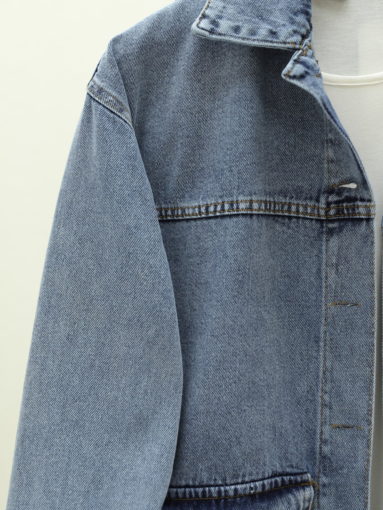 Oval Cut Denim Shirt Jacket with Patch Pockets - Ice Blue - Podyumplus - by Peralane - photo 2