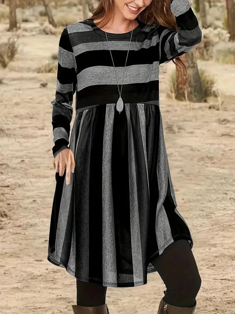 Striped Pattern Long-Sleeve Jersey Mini Dress - Janes - by Peralane
