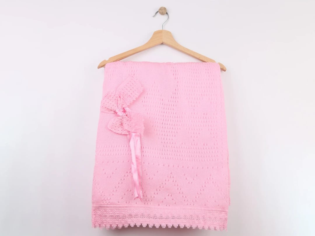 Pink Knit Baby Blanket with Lace Bow - Mizmiz - by Peralane
