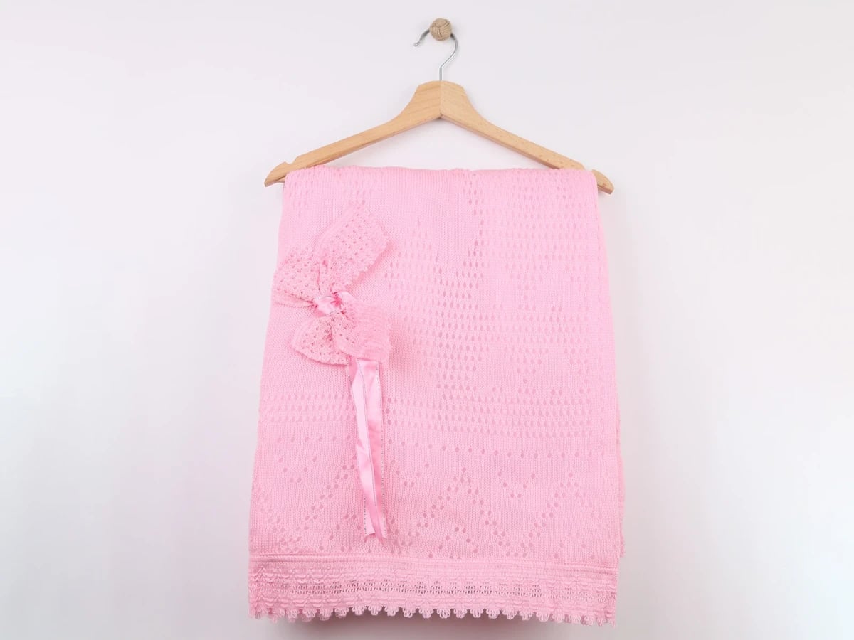 Pink Knit Baby Blanket with Lace Bow - Mizmiz - by Peralane