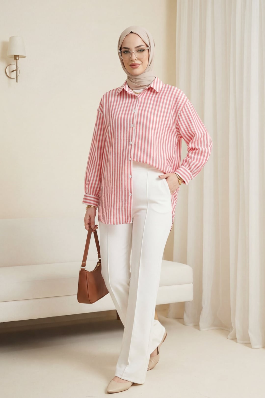 Striped Button-Front Blouse - Red - Podyumplus - by Peralane - photo 9
