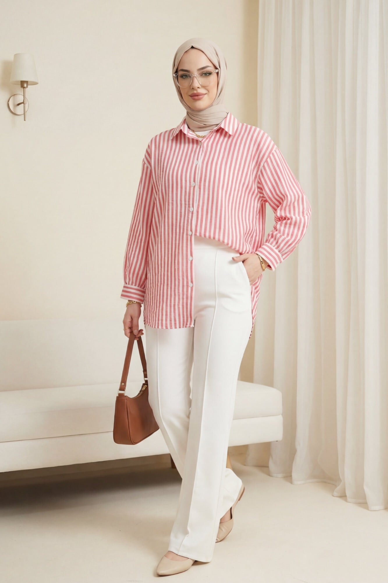 Striped Button-Front Blouse - Red - Podyumplus - by Peralane - photo 9