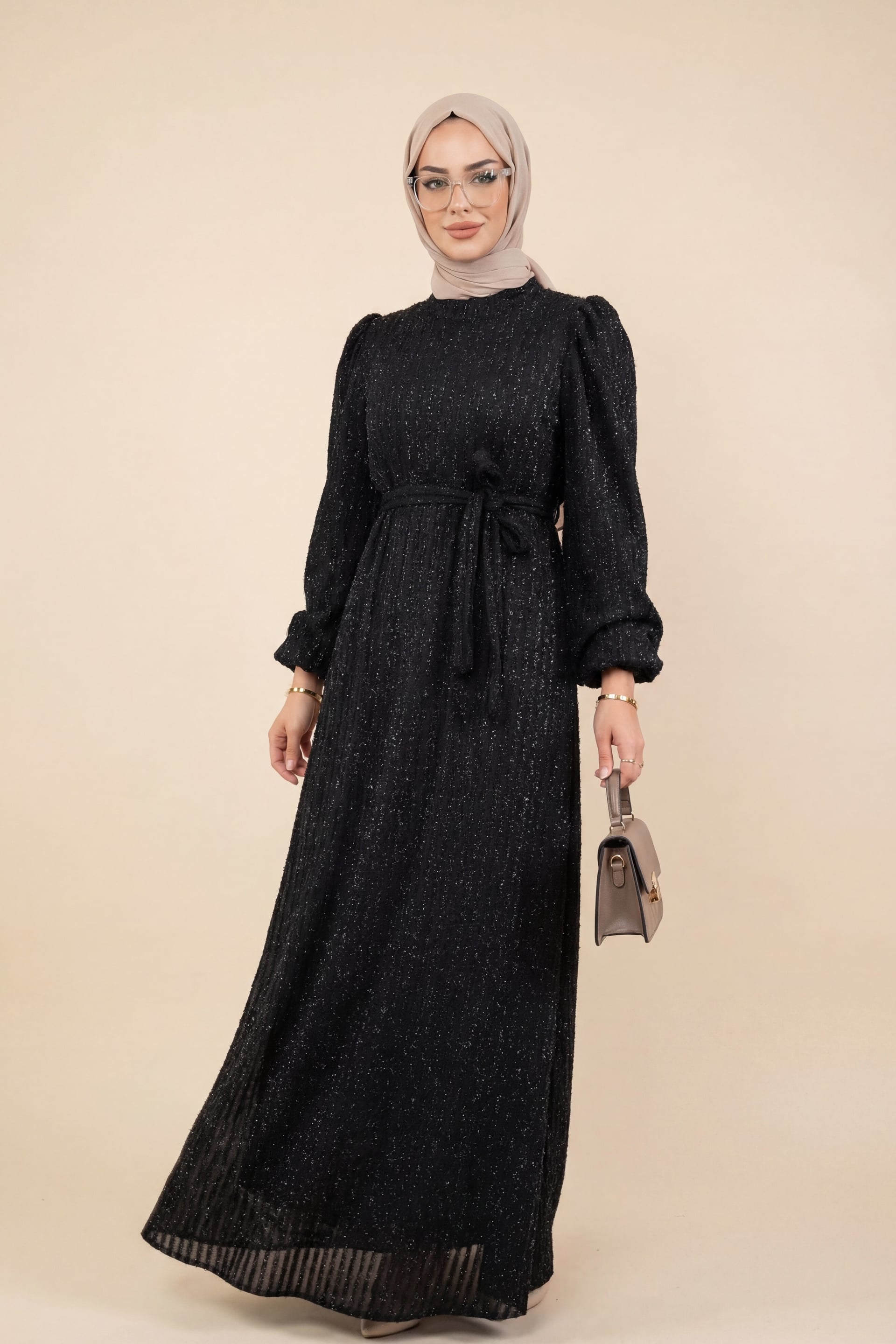 Long-Sleeved Black Sequin Striped Belted Dress with Elastic Cuffs - Podyumplus - by Peralane - photo 2