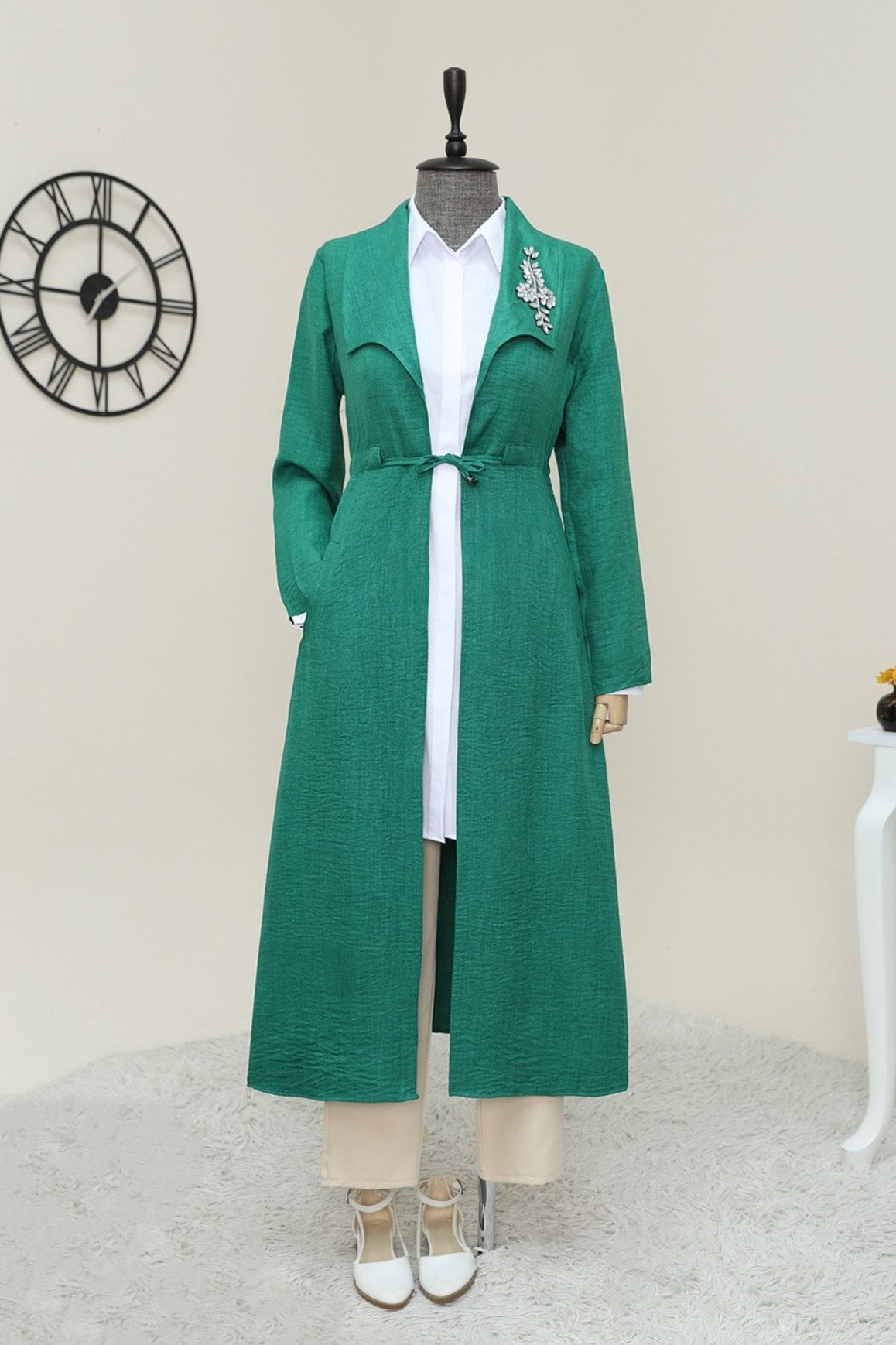 Emerald Green Stone Embroidered Belted Trench Coat - Podyumplus - by Peralane