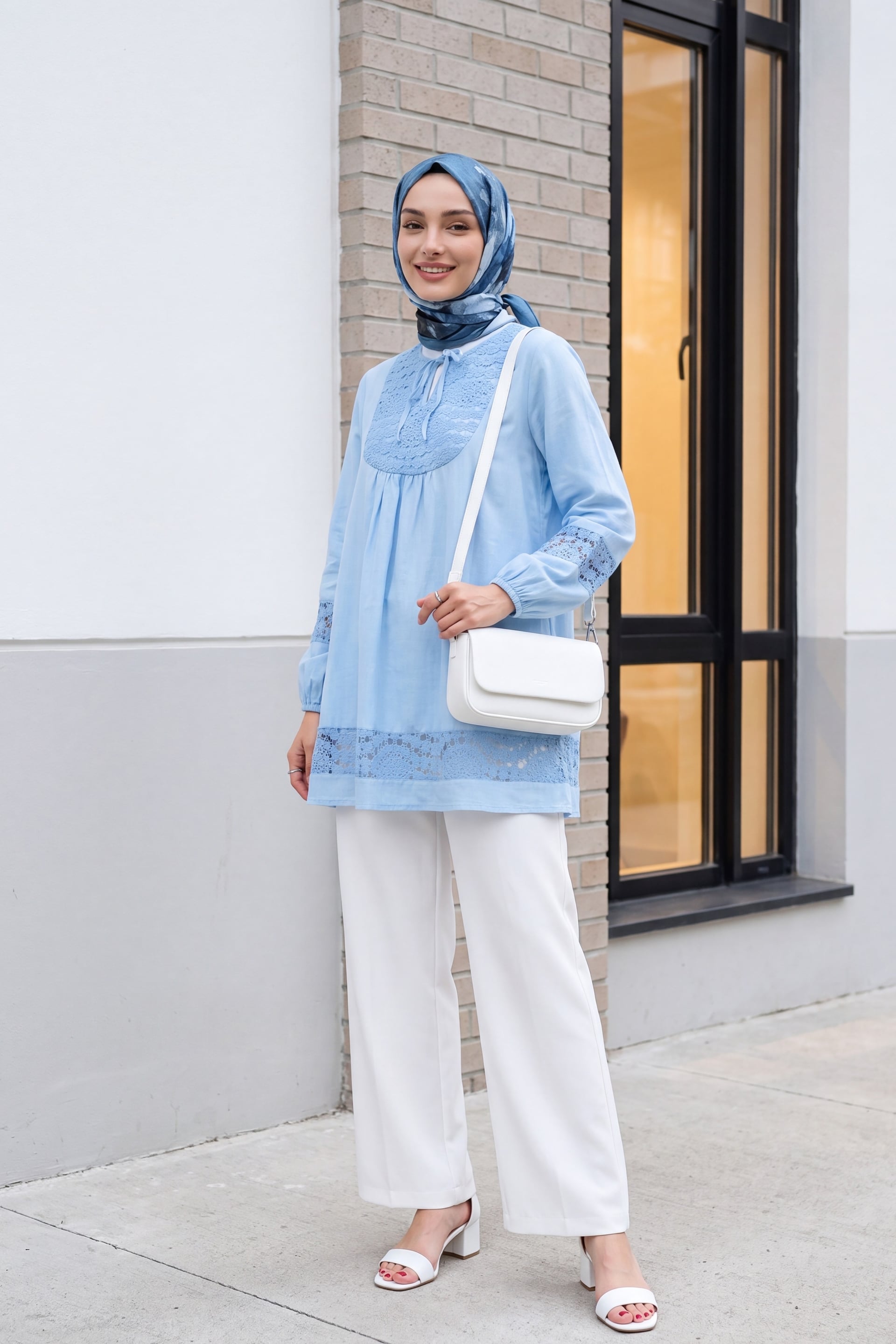 Blue Lace Trim Tie-Neck Tunic with Elasticated Cuffs - Podyumplus - by Peralane - photo 5