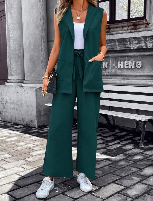 Women's Sleeveless Open-Front Pocketed Crepe Vest and Wide-Leg Trousers Two-Piece Set - Janes - by Peralane - photo 2
