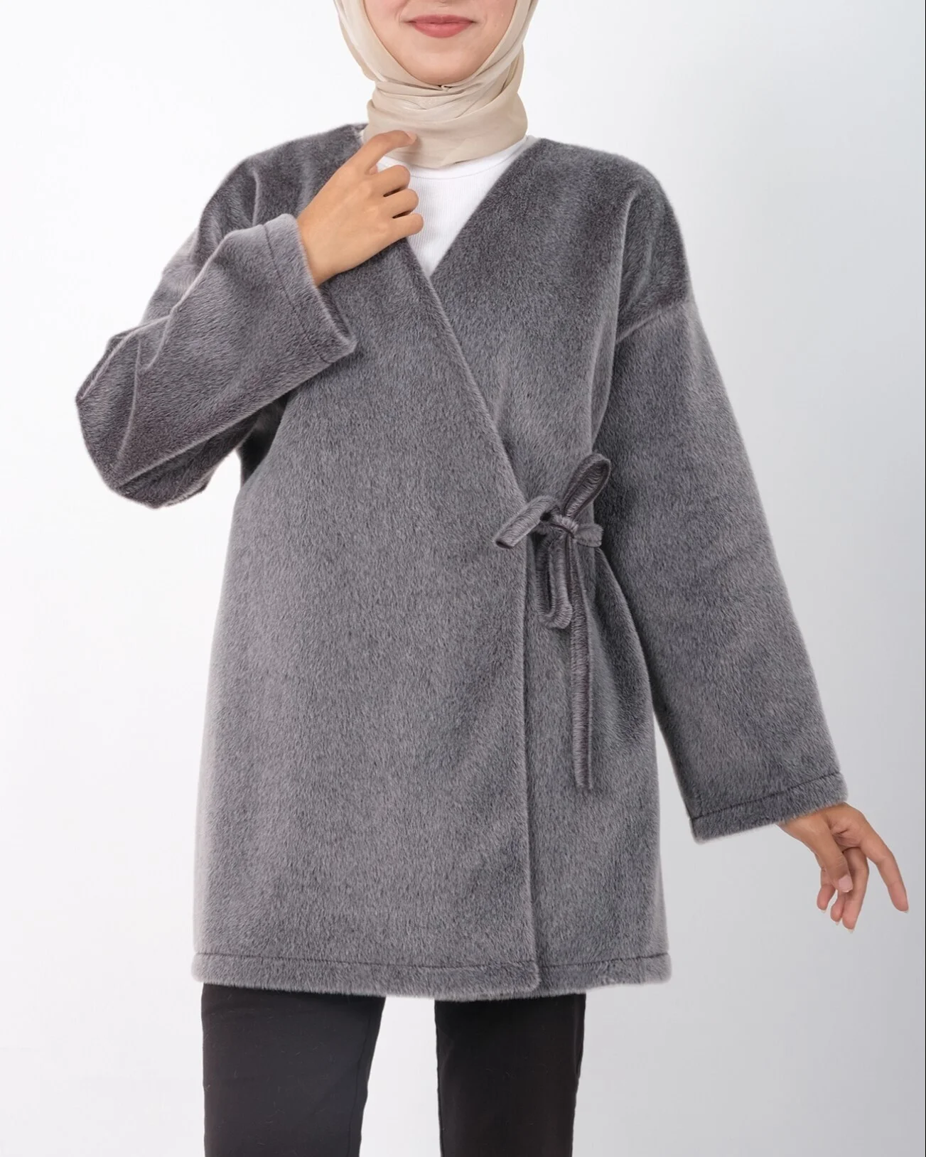 Side-Tie Faux Fur Coat with Wrap Closure - Smoke Grey - Podyumplus - by Peralane - photo 4