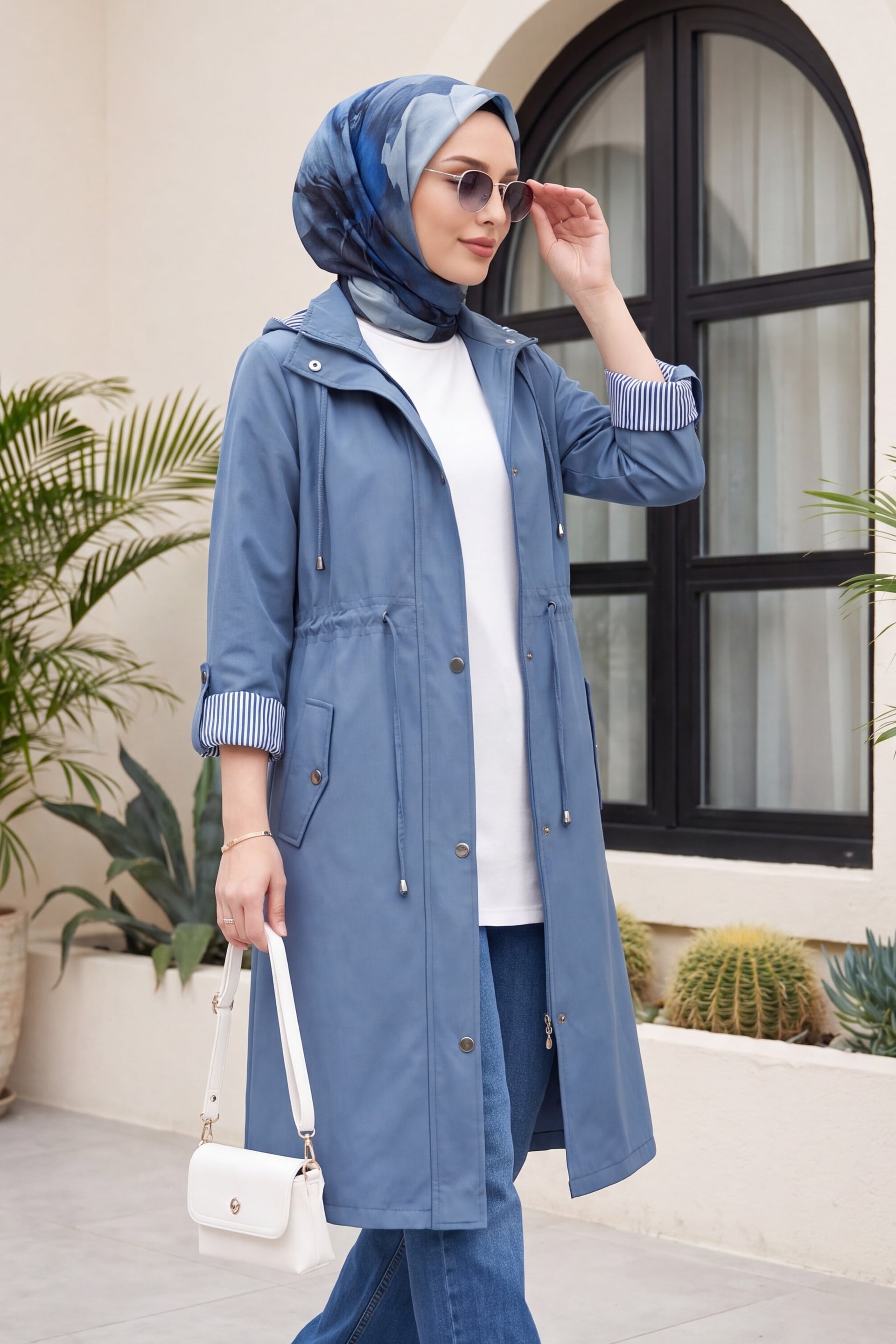 Striped Lined Hooded Trench Coat in Indigo - Podyumplus - by Peralane