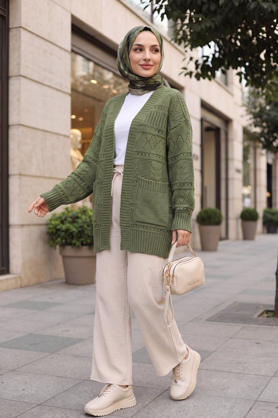 Double Pocket Open Front Textured Cardigan in Olive Green - Podyumplus - by Peralane - photo 3