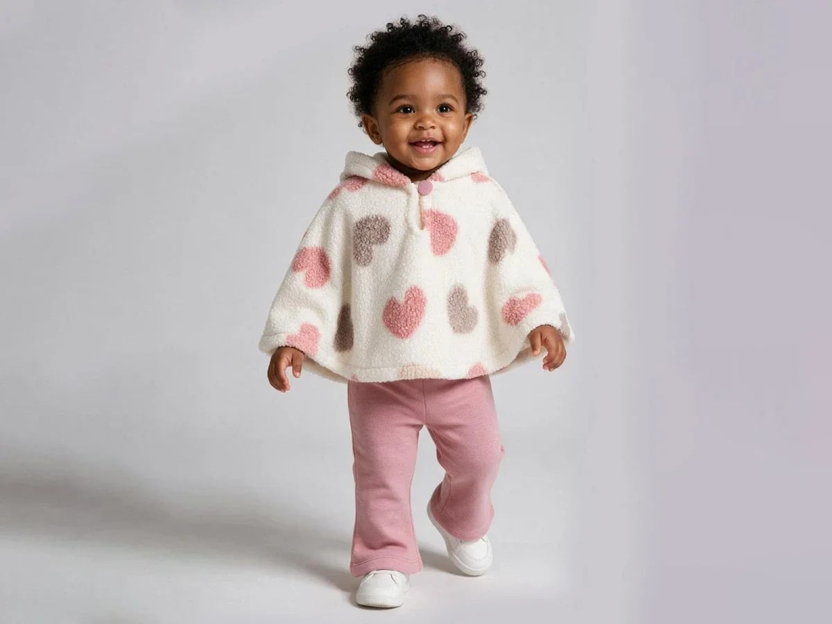 Heart Pattern Brushed Baby Girls' Set with Poncho and Trousers - Beyaz Bebek - by Peralane