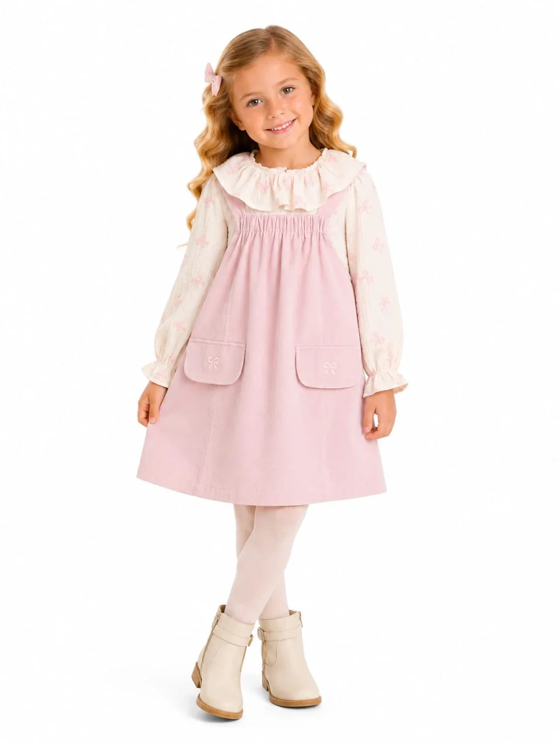 Baby Girl Corduroy Pinafore Dress and Blouse Set - Pink - Serkon Baby - by Peralane