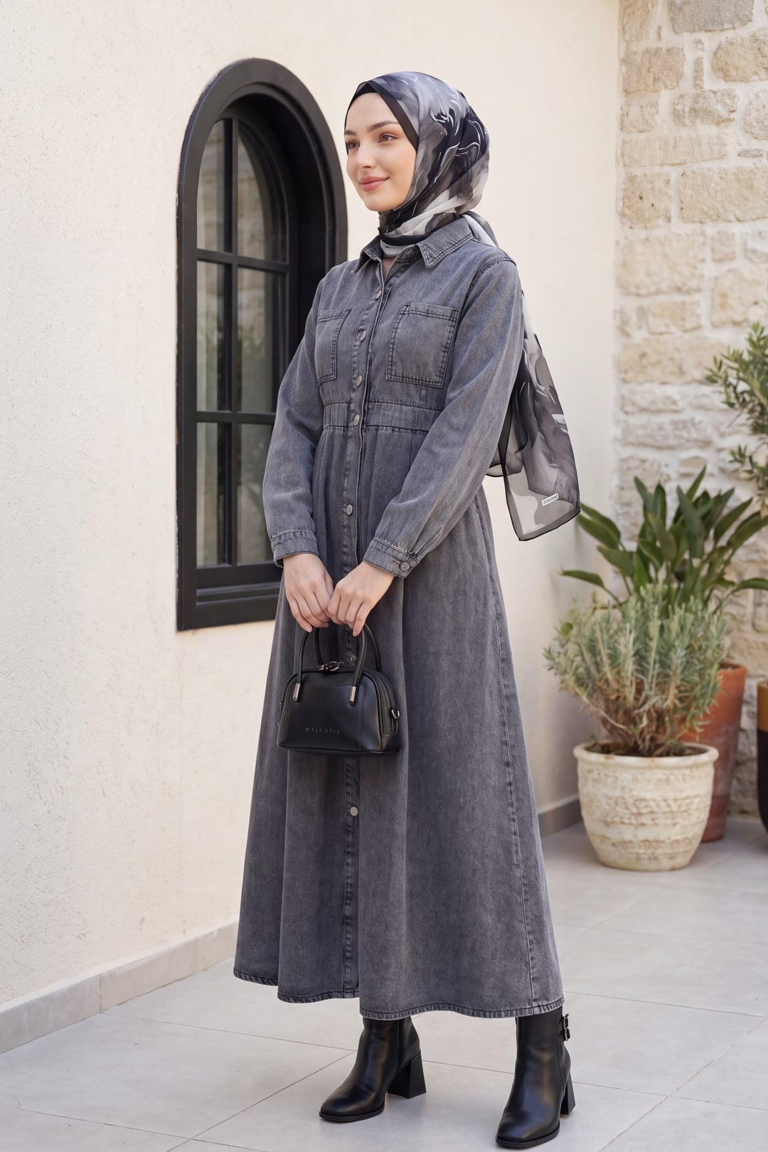Smoke Grey Elasticated Waist Denim Dress with Side Pockets - Podyumplus - by Peralane - photo 2