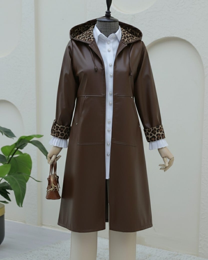 Brown Faux Leather Hooded Zip Jacket with Leopard Print Lining - Podyumplus - by Peralane - photo 3