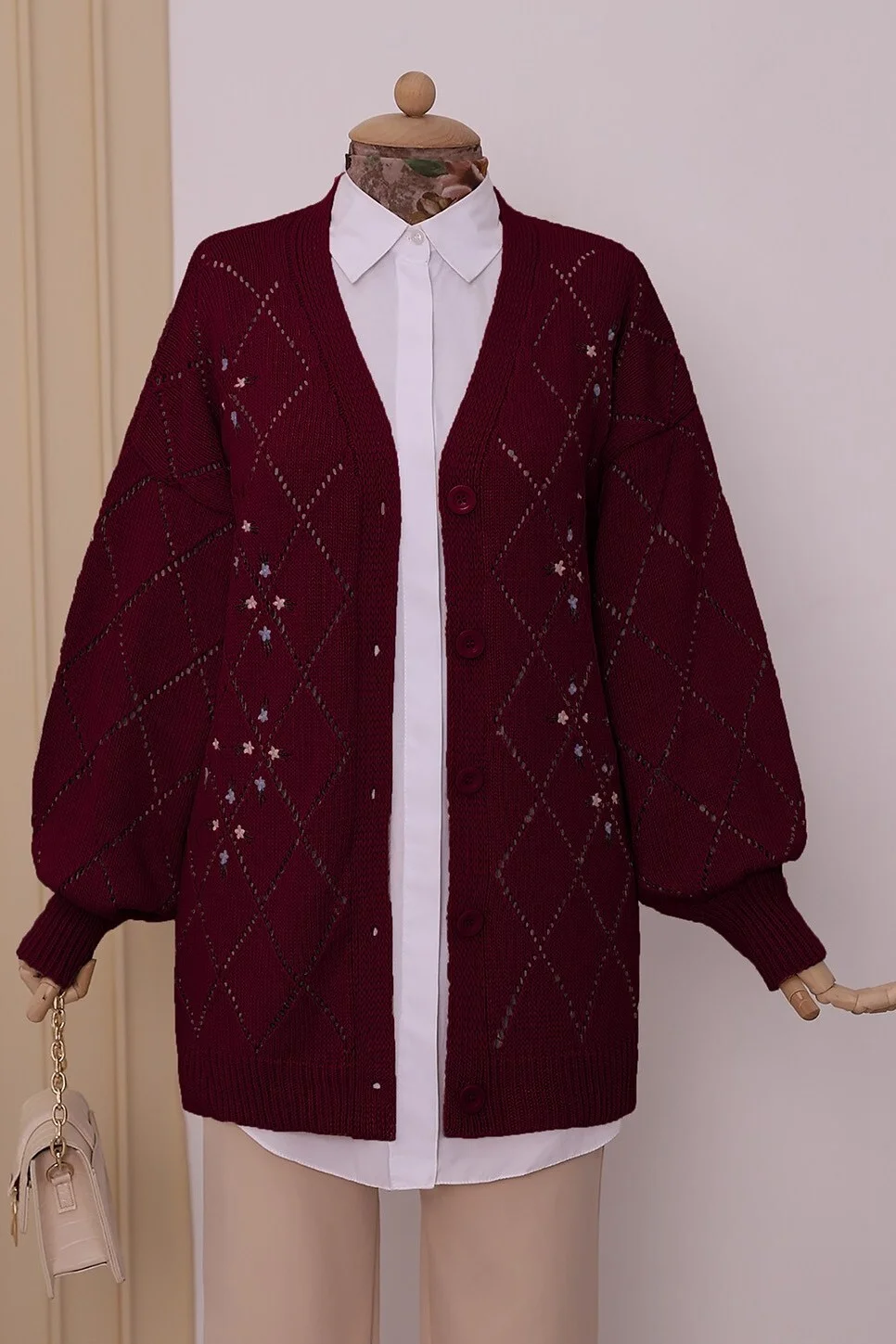 Burgundy Argyle Knit Cardigan with Floral Embroidery - Podyumplus - by Peralane - photo 5