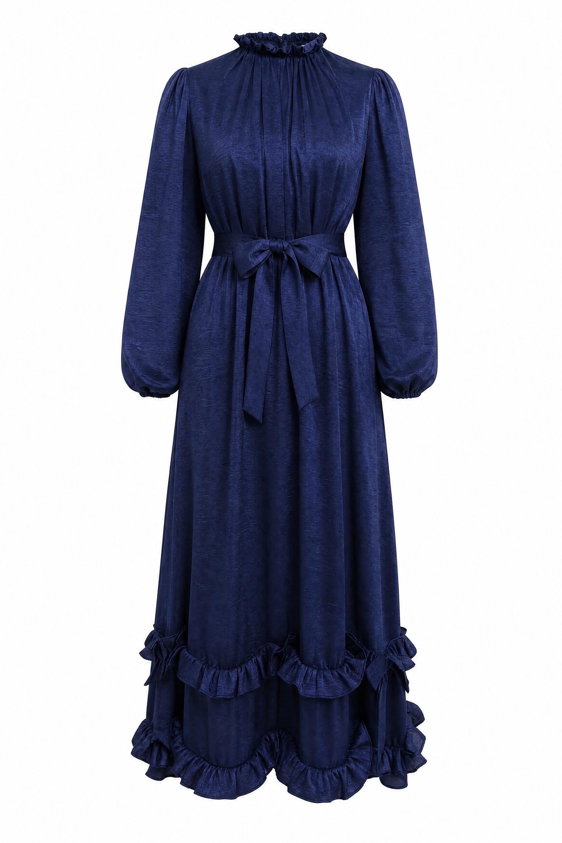 Long Navy Blue Crinkle Crepe Dress with Ruffled Collar and Hem - Podyumplus - by Peralane - photo 4