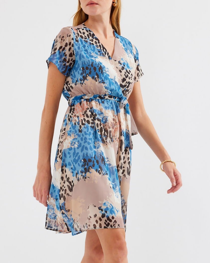 Short-Sleeve Patterned Chiffon Dress - Blue - Bigdart - by Peralane