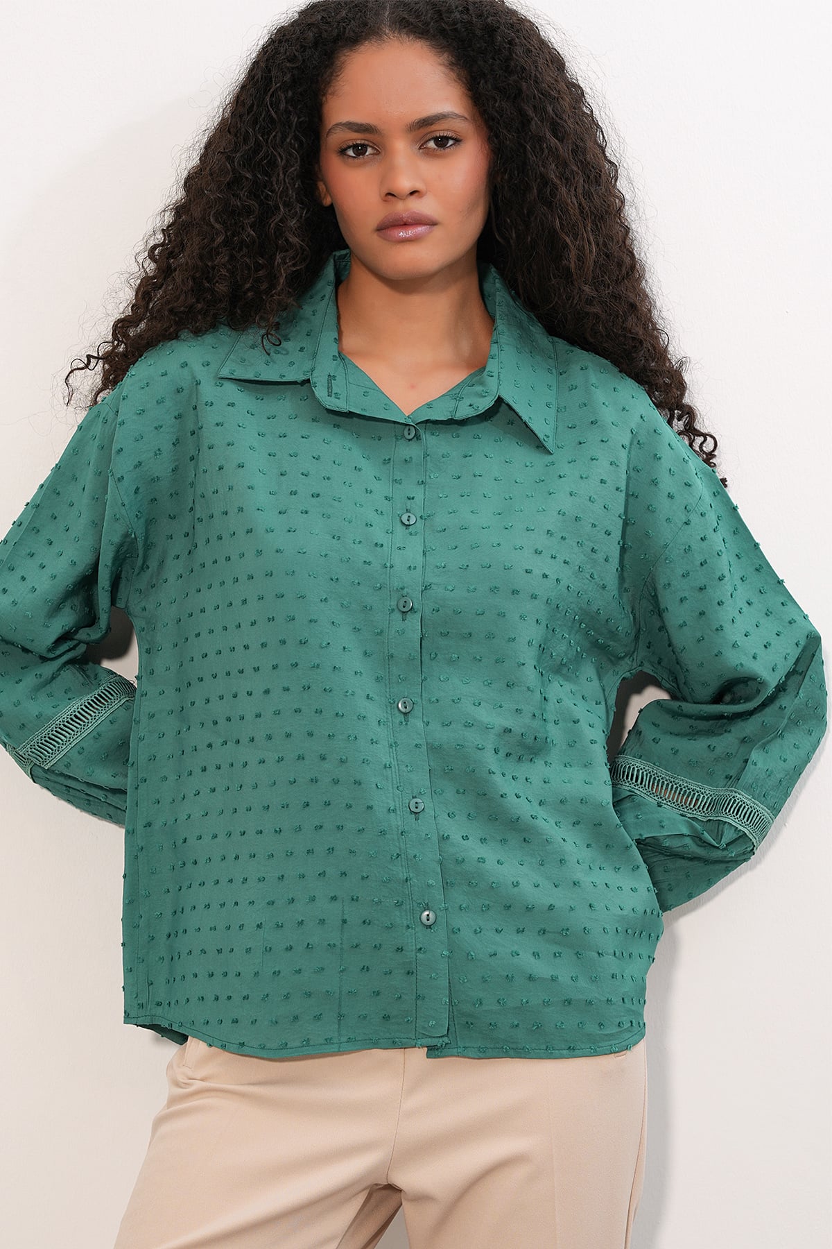 Women's Oversized Patterned Blouse 20379 - Emerald Green - Bigdart - by Peralane