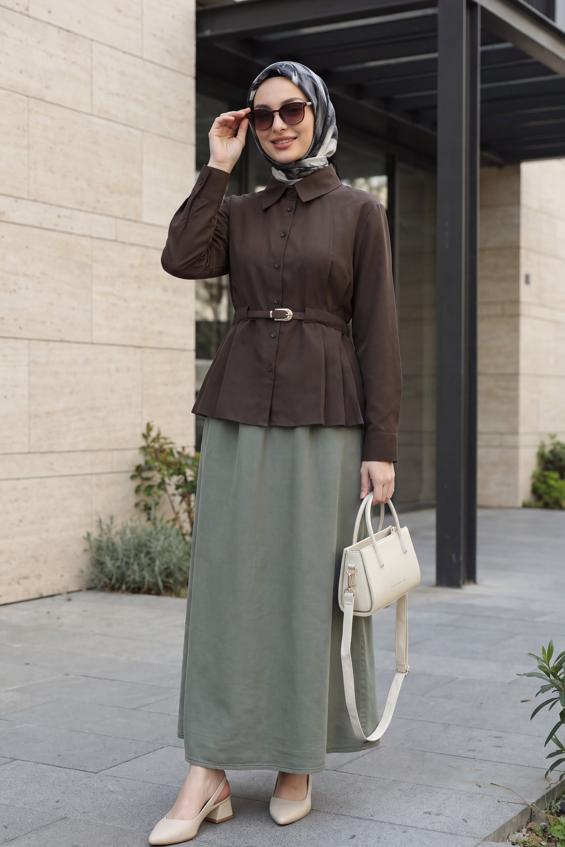 Belted Pleated Long-Sleeve Blouse - Brown - Podyumplus - by Peralane - photo 4