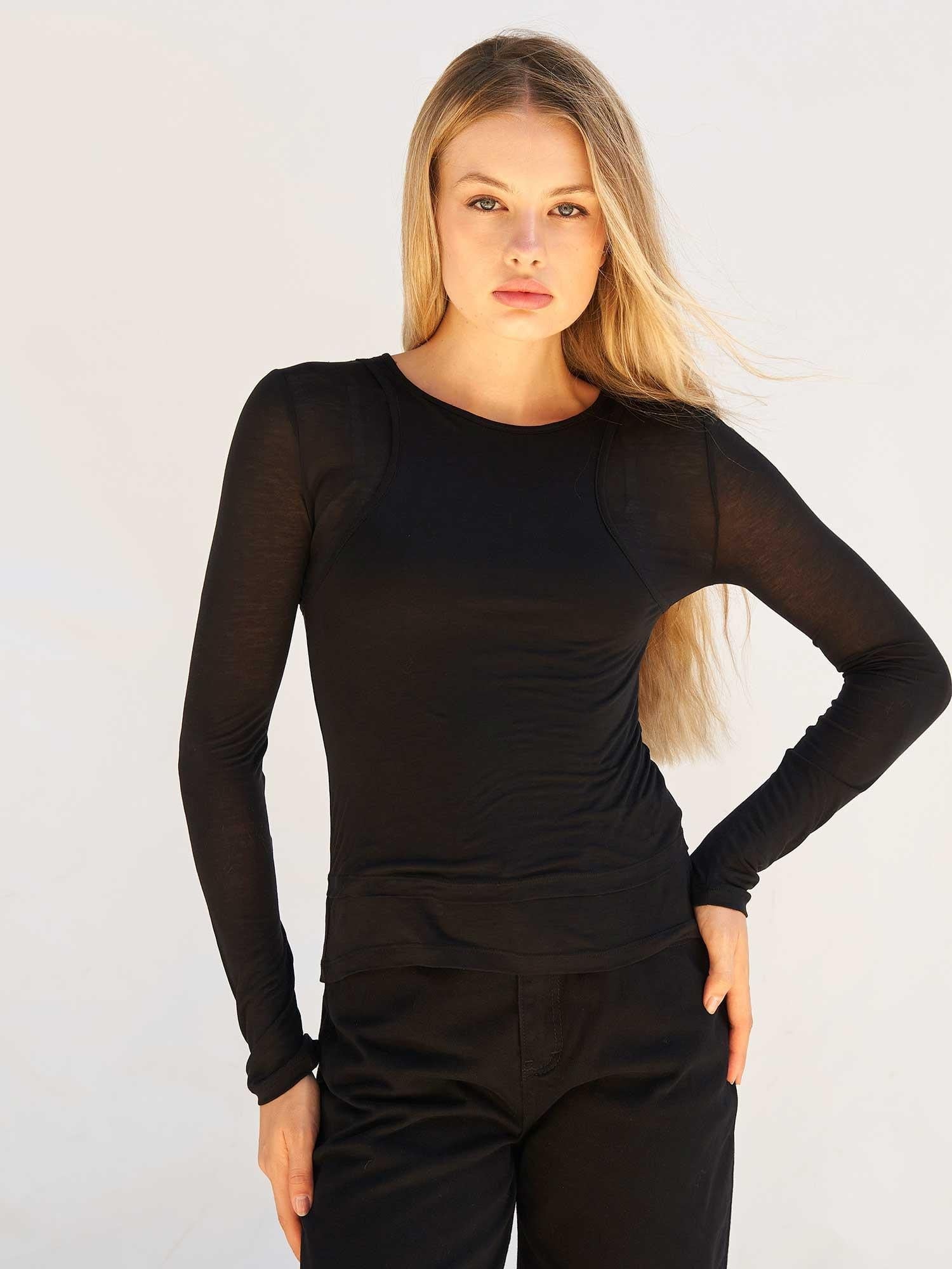 Black Long-Sleeve Sheer Crew Neck T-Shirt - Lefon - by Peralane - photo 2