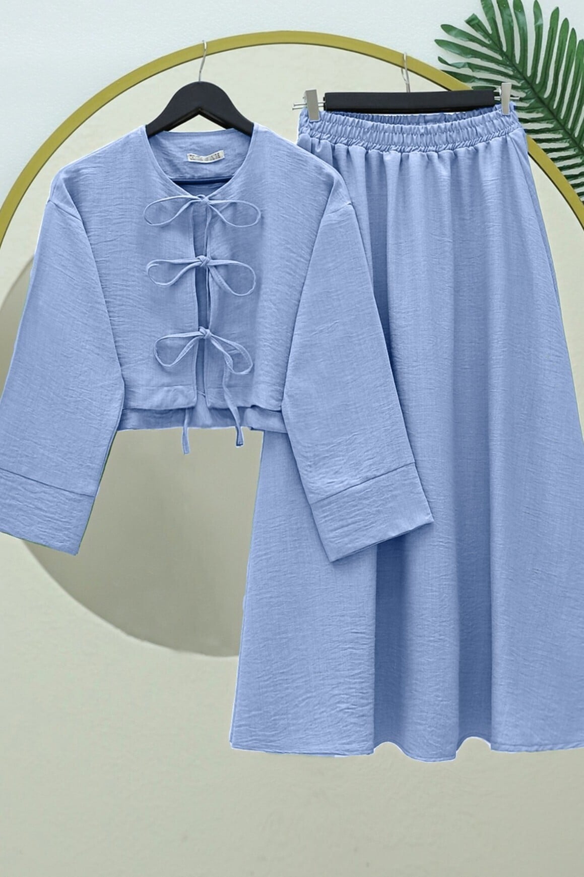 Linen Look Lace-Up Front Elastic Waist Dress and Jacket Set - Light Blue - Podyumplus - by Peralane - photo 4