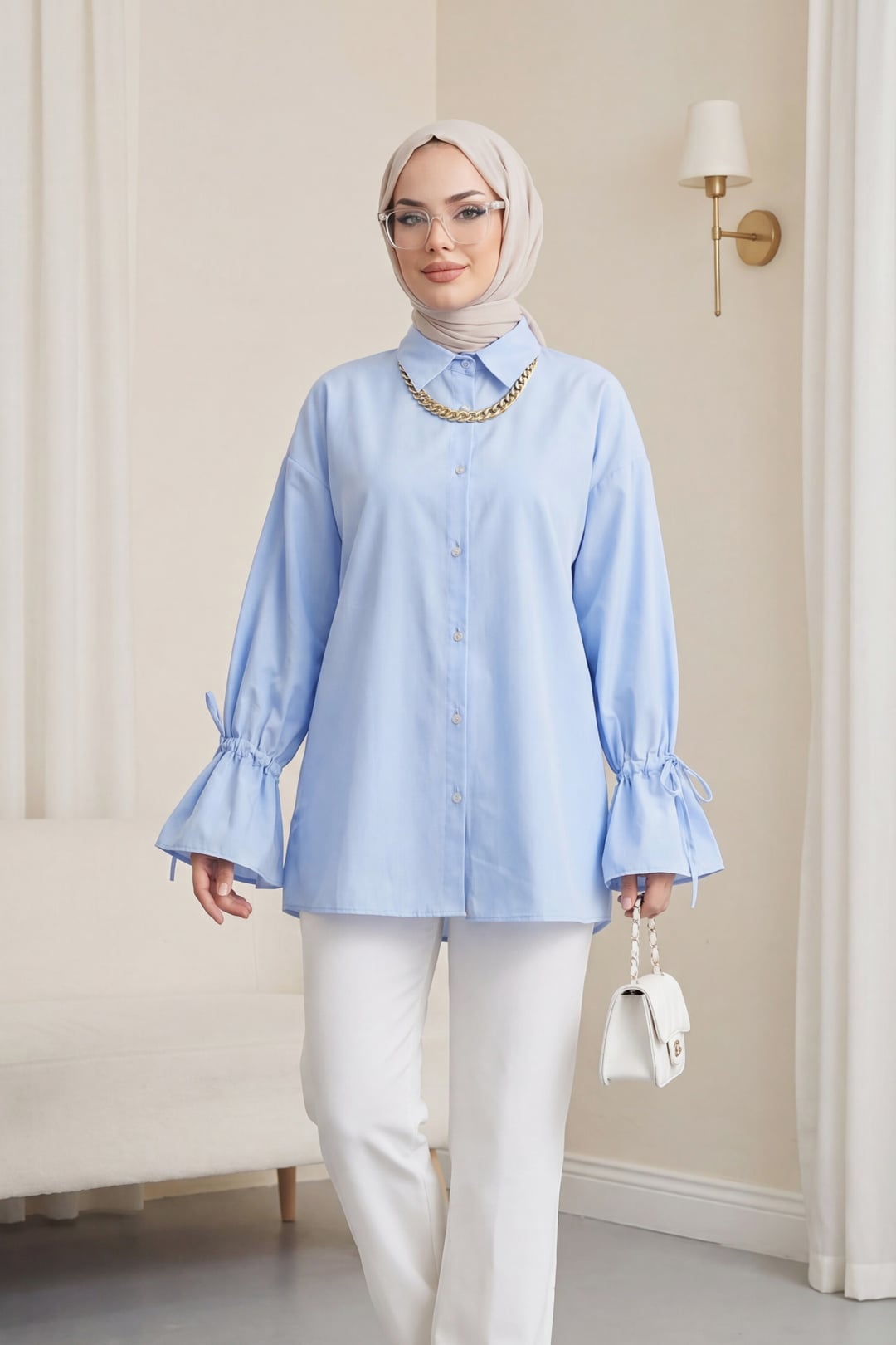 Bows Sleeve Pleated Back Blouse - Baby Blue - Podyumplus - by Peralane