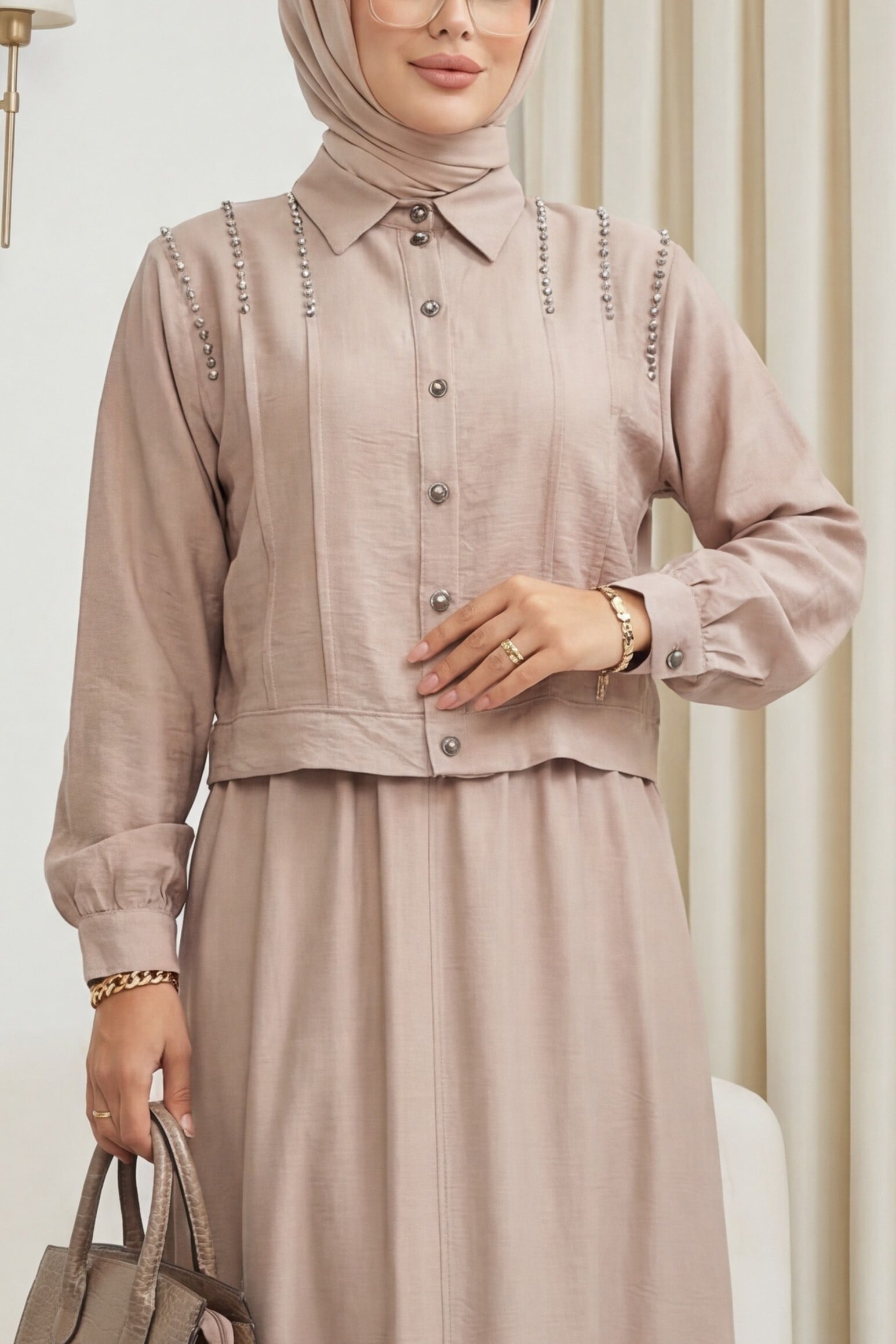 Stone Embellished Collared Jacket and Skirt Modest Set in Beige - Podyumplus - by Peralane - photo 2