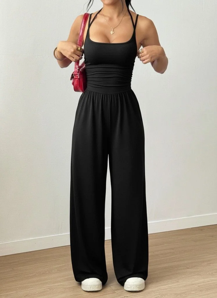 Women's Black Square Neck Tank Top and Wide-Leg Trouser Set - Janes - by Peralane