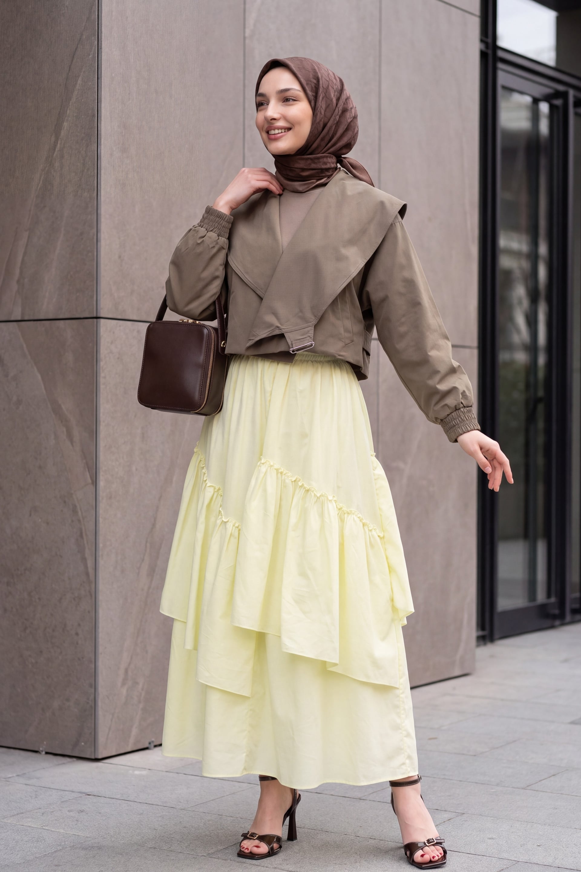 Shawl Collar Crop Jacket with Elasticated Cuffs and Belted Waist - Light Brown - Podyumplus - by Peralane - photo 3