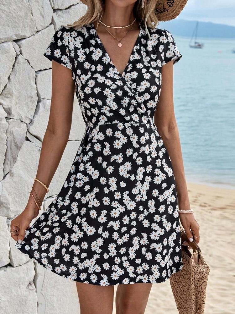 Women's Short-Sleeve V-Neck Daisy Print Crepe Dress - Janes - by Peralane - photo 9
