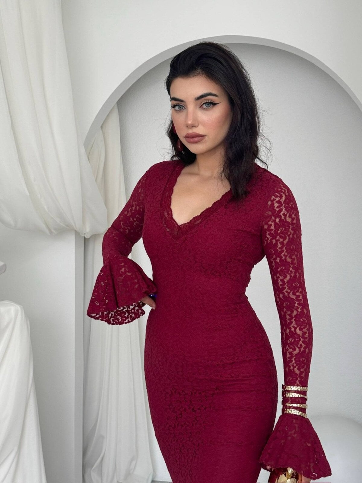 Seyla Midi Lace Dress in Deep Red - ETK-01026-bordo - Etika - by Peralane - photo 5
