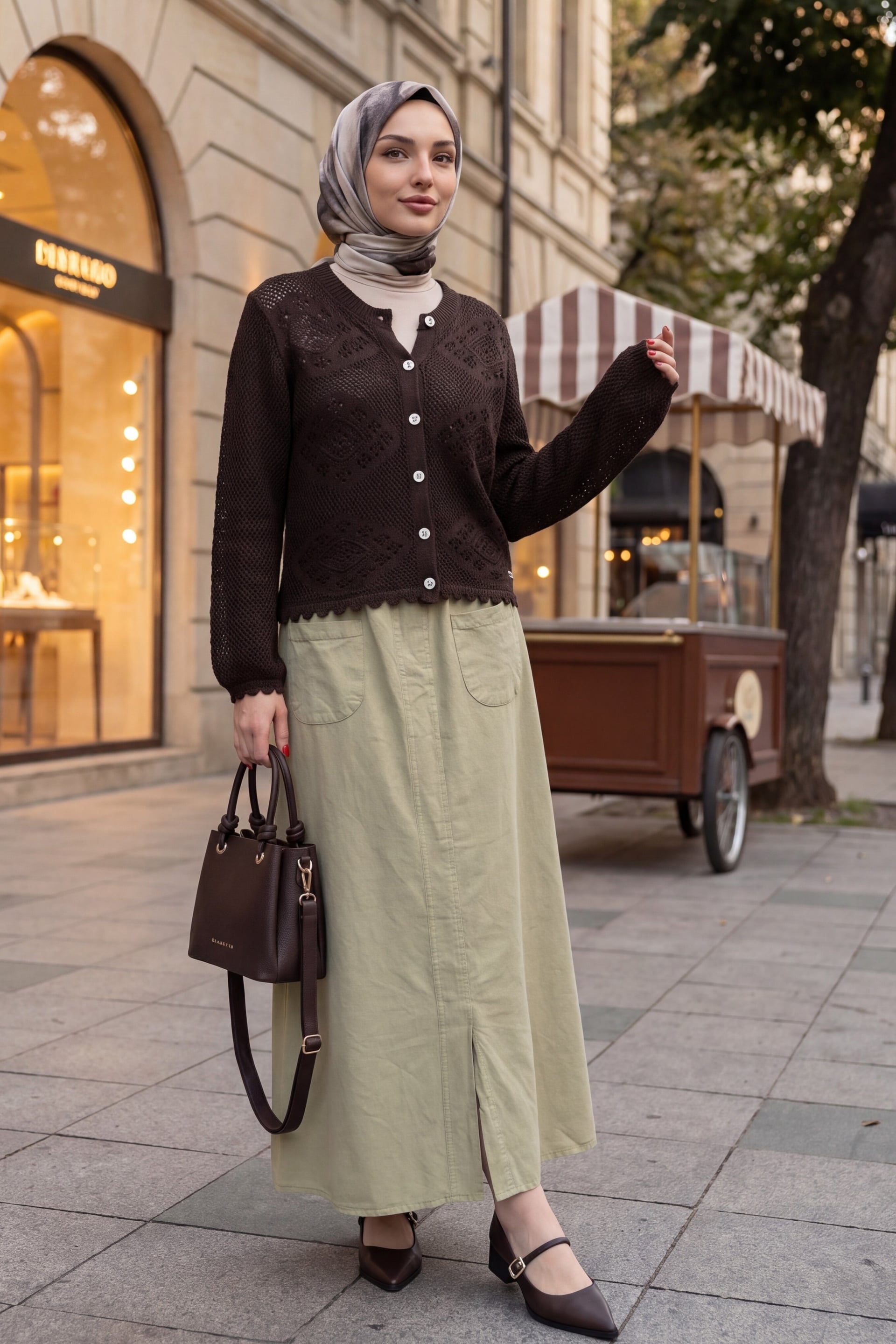 Geometric Patterned Openwork Buttoned Knit Cardigan - Dark Brown - Podyumplus - by Peralane - photo 3