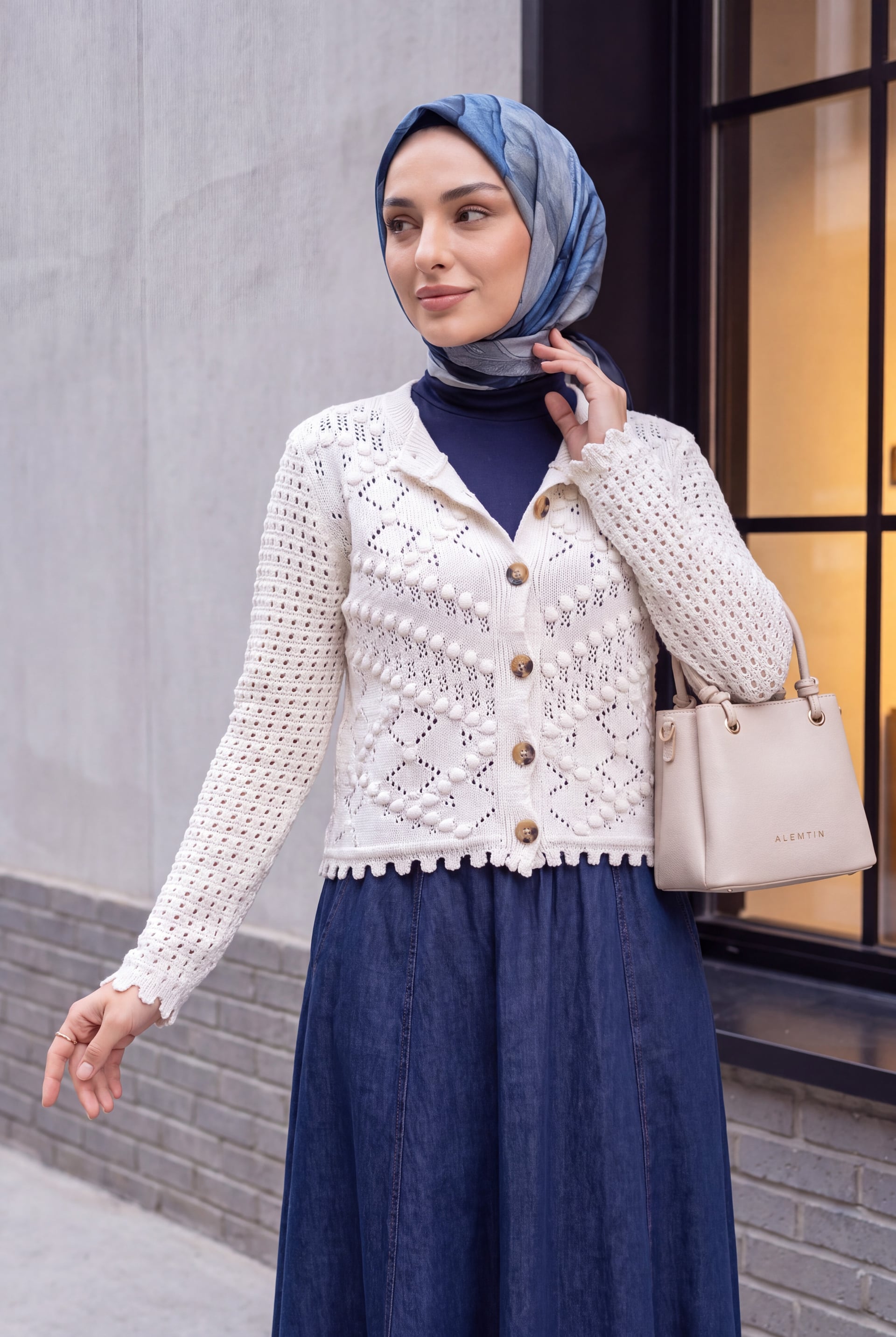 Pom-Pom Detail Open-Knit Button-Front Cardigan - Ecru - Podyumplus - by Peralane - photo 3