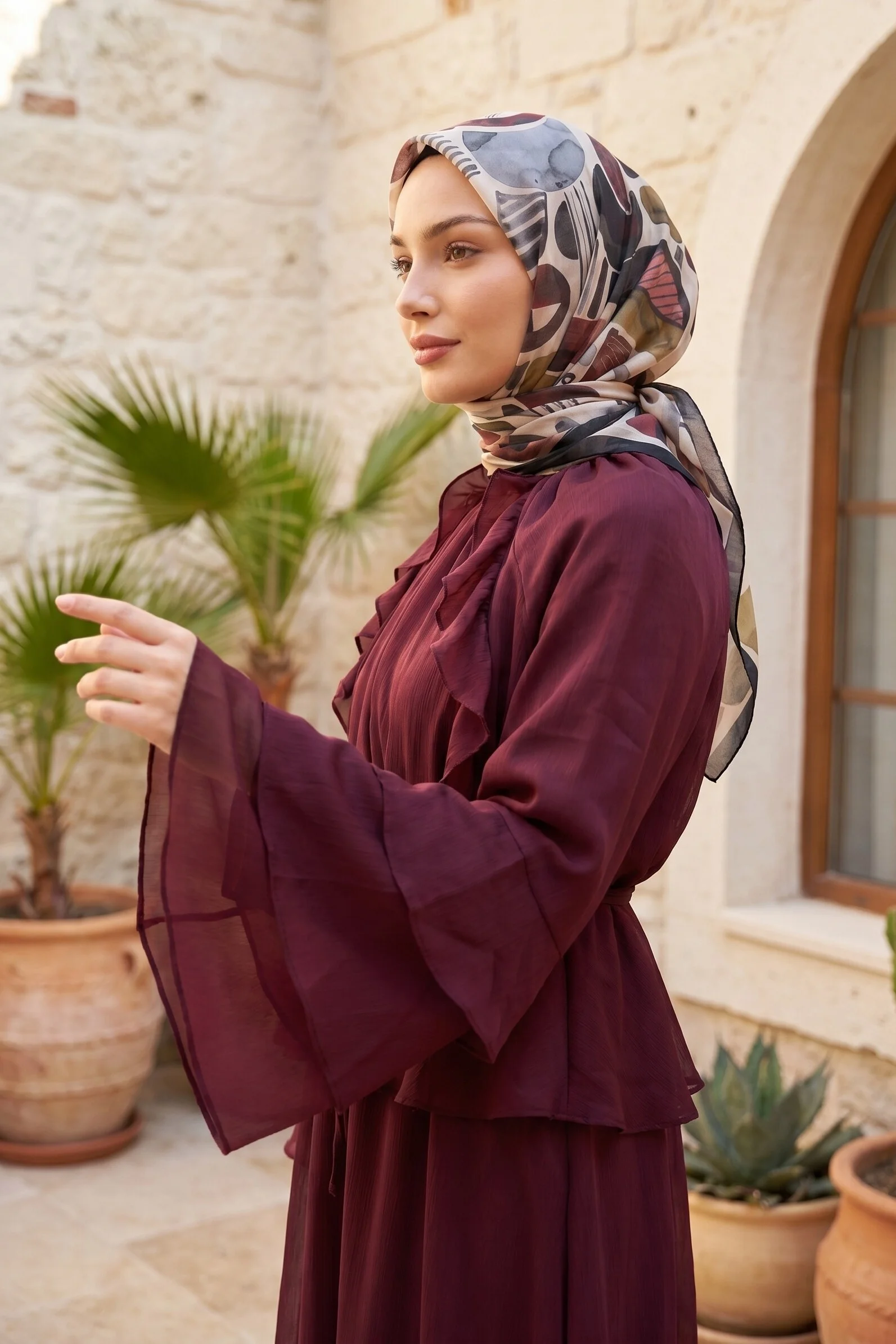 Ruffled Front Spanish Sleeve Lined Laced Skirt Cupra Set - Burgundy - Podyumplus - by Peralane - photo 4