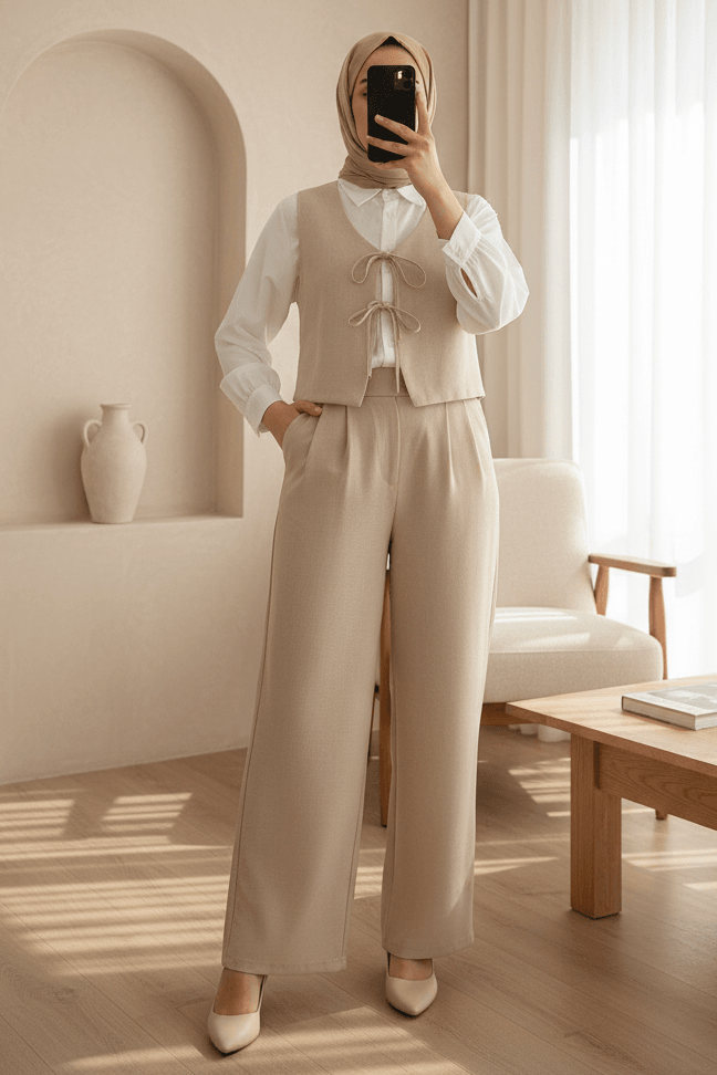 Front Laced Vest and Wide-Leg Trousers Two-Piece Set - Beige - Podyumplus - by Peralane