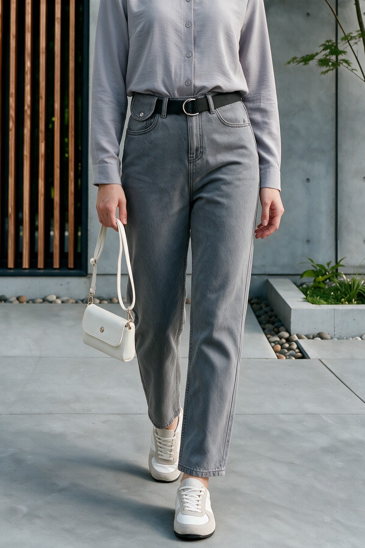 Women's Belted Snap Detail Straight Leg Jeans - Grey - Podyumplus - by Peralane