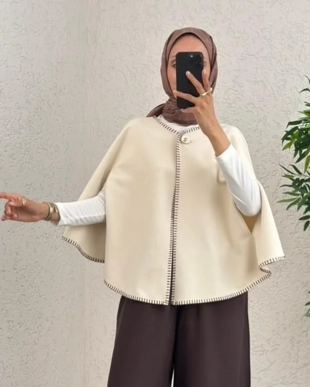 Shepherd Stitch Pocketed Cashmere Pancho - Beige - Podyumplus - by Peralane - photo 2