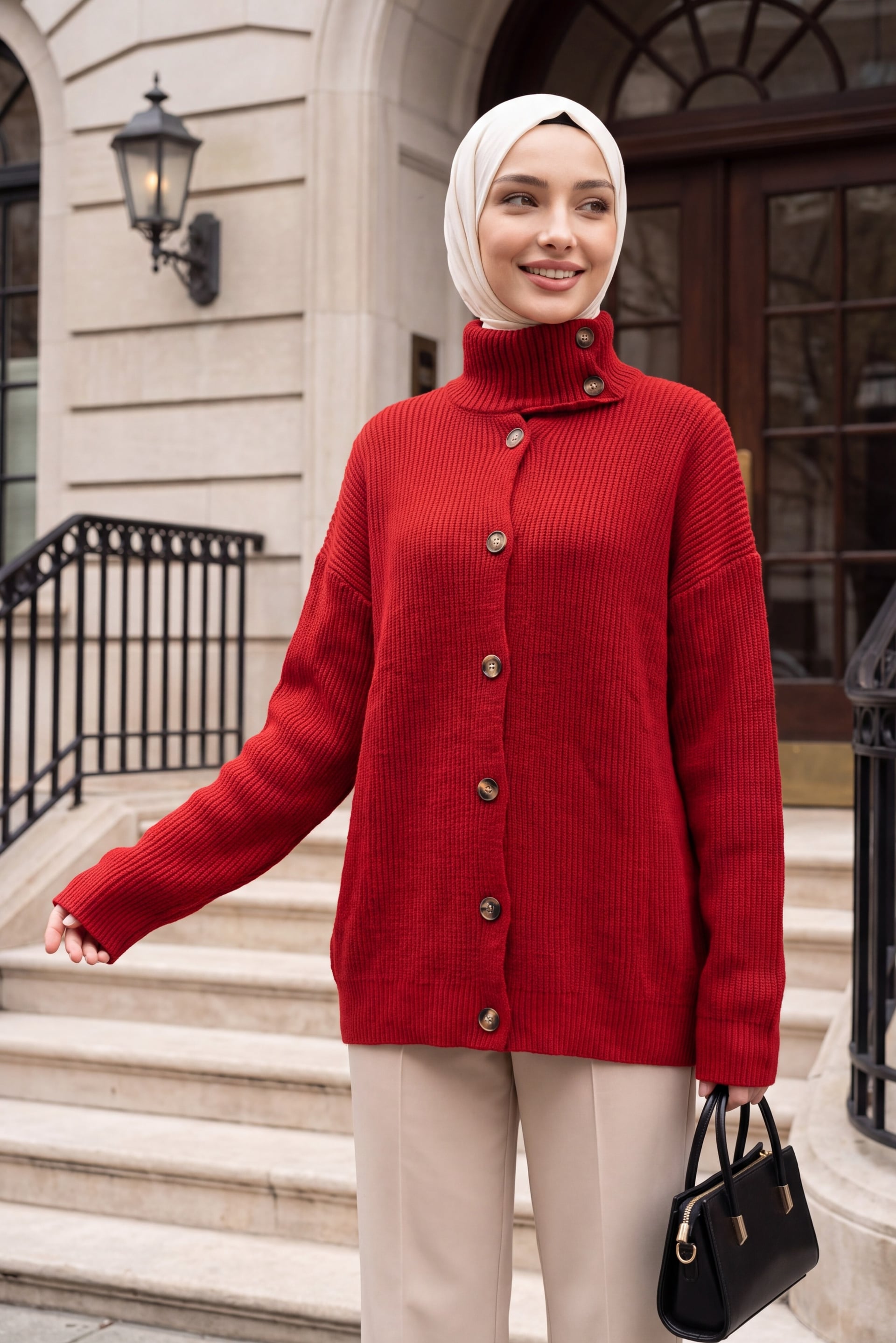 Half-High Neck Button Front Relaxed Knit Cardigan - Red - Podyumplus - by Peralane - photo 6