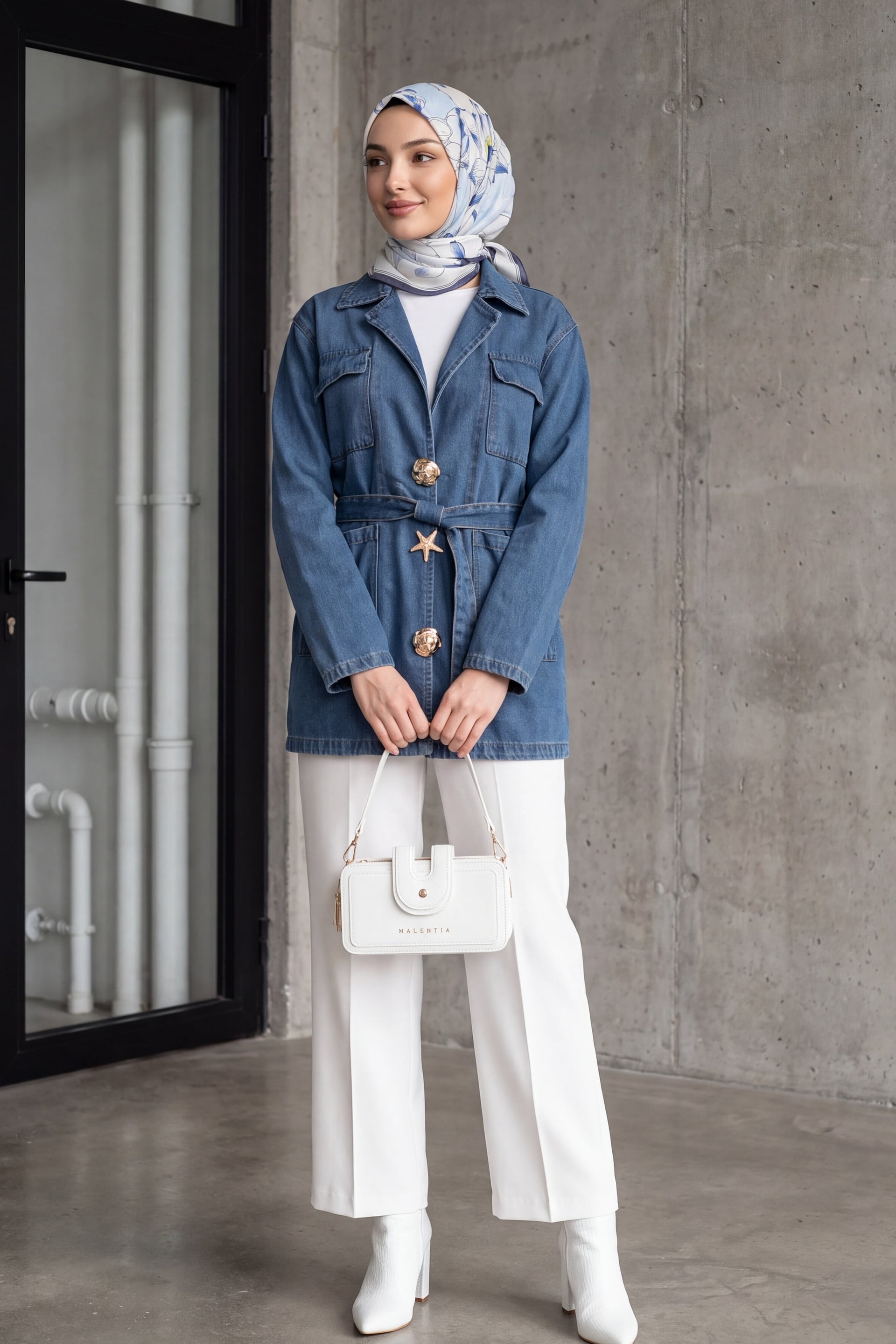 Belted Brooch Pocket Denim Jacket - Tint - Podyumplus - by Peralane - photo 4
