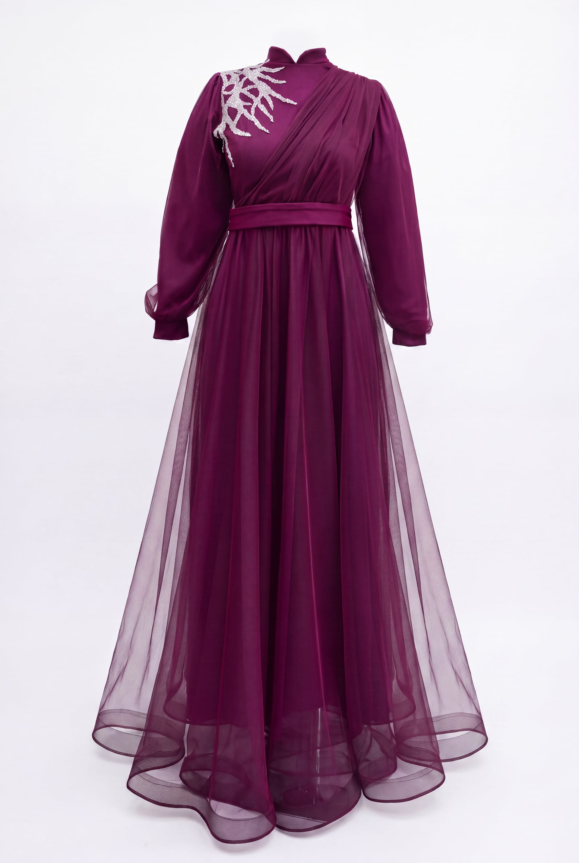 Burgundy Stone-Embellished Draped Belted Tulle Evening Dress - Podyumplus - by Peralane - photo 5