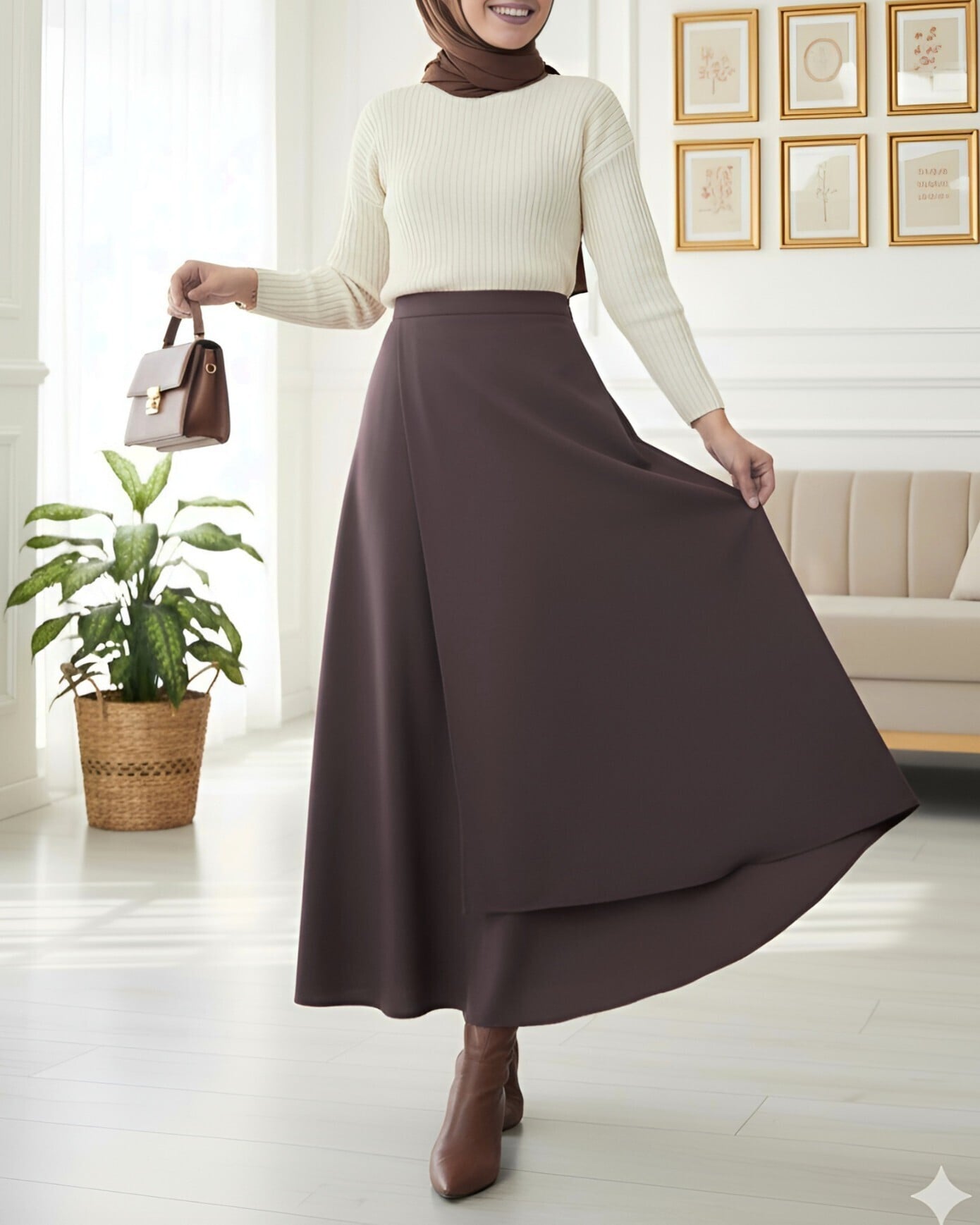 Front Cross Double-Layer Scuba Skirt - Dark Brown - Podyumplus - by Peralane - photo 4