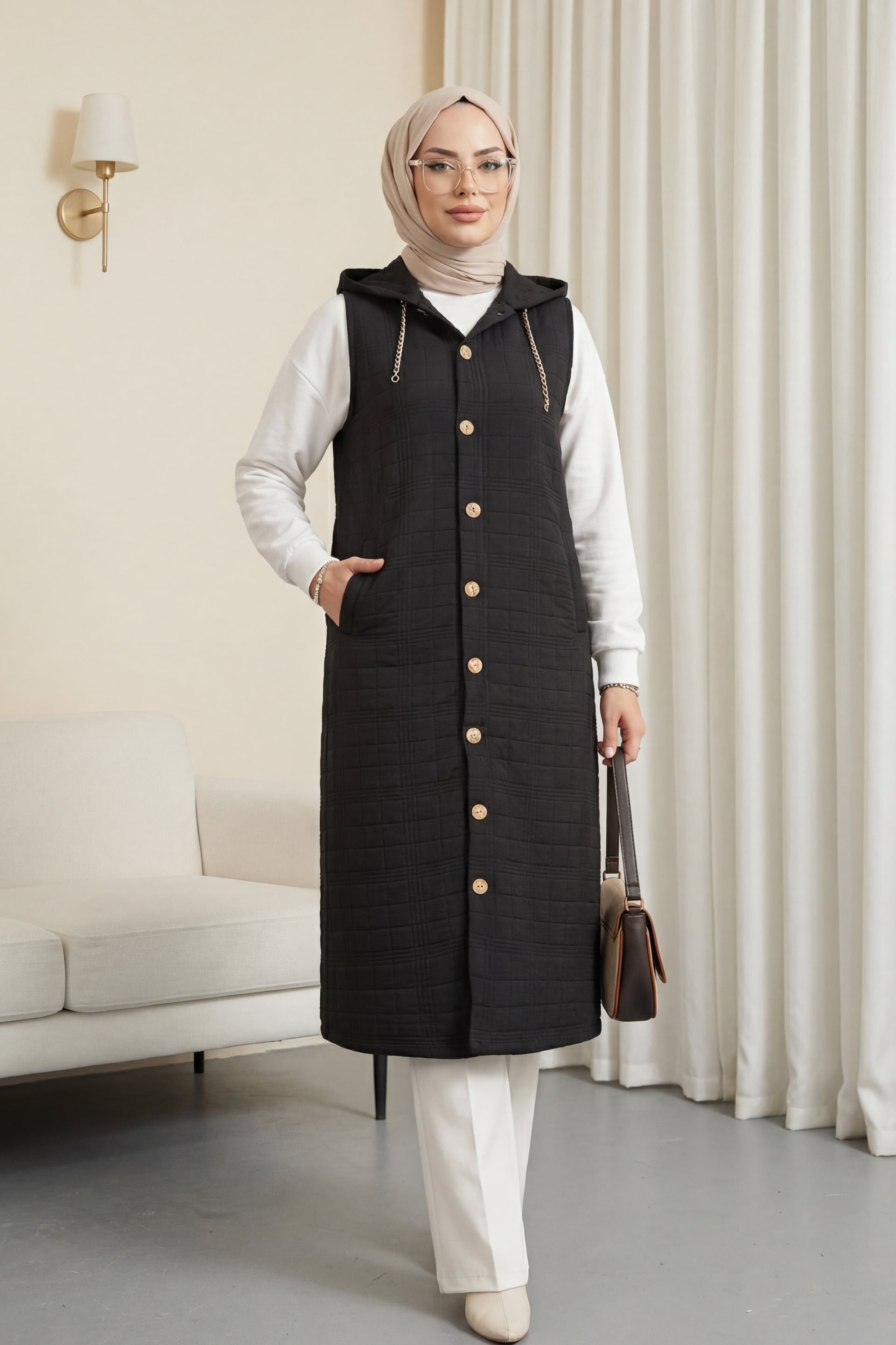 Black Quilted Hooded Chain Detail Button Front Vest - Podyumplus - by Peralane